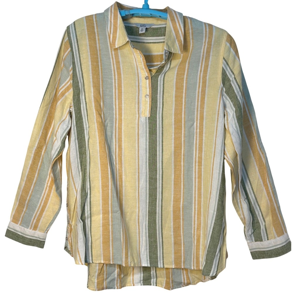 Croft & Barrow Henley Top Linen Mustard Green Stripe Coastal Grandma XXL
